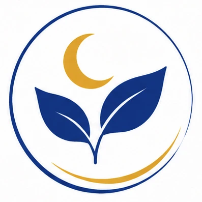 A blue circle contains two blue leaves, a gold crescent moon above them, and a gold curved line below, all on a white background.