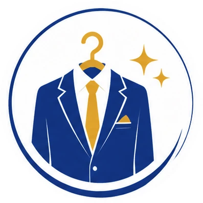 Illustration of a blue suit jacket, white shirt, and yellow tie on a hanger, with two yellow sparkles to the right, enclosed in a blue circle.