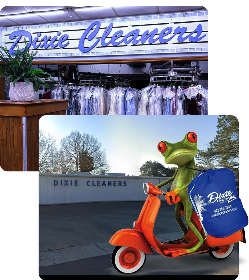 A dry cleaners storefront sign above clothes on hangers, and a cartoon frog riding a scooter with a Dixie Cleaners bag in front of the store.