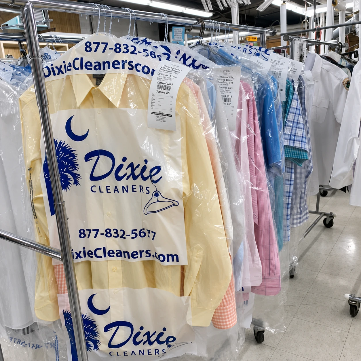 Clothing hung on racks in a dry cleaning shop, covered in plastic with Dixie Cleaners branding and contact information visible.