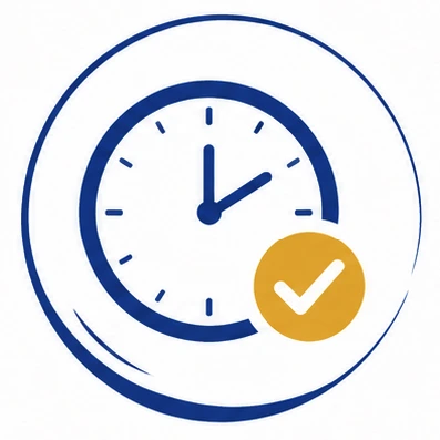 Blue clock icon showing 10:10 with a yellow check mark in front, all within a circular outline on a white background.