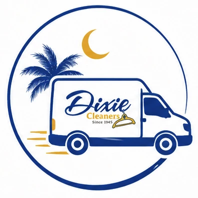 A delivery van with "Dixie Cleaners Since 1945" logo, palm tree, and crescent moon in the background, all in blue and yellow tones.