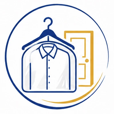 A blue outline of a shirt on a hanger in a garment bag, with a yellow door in the background, inside a circular border.