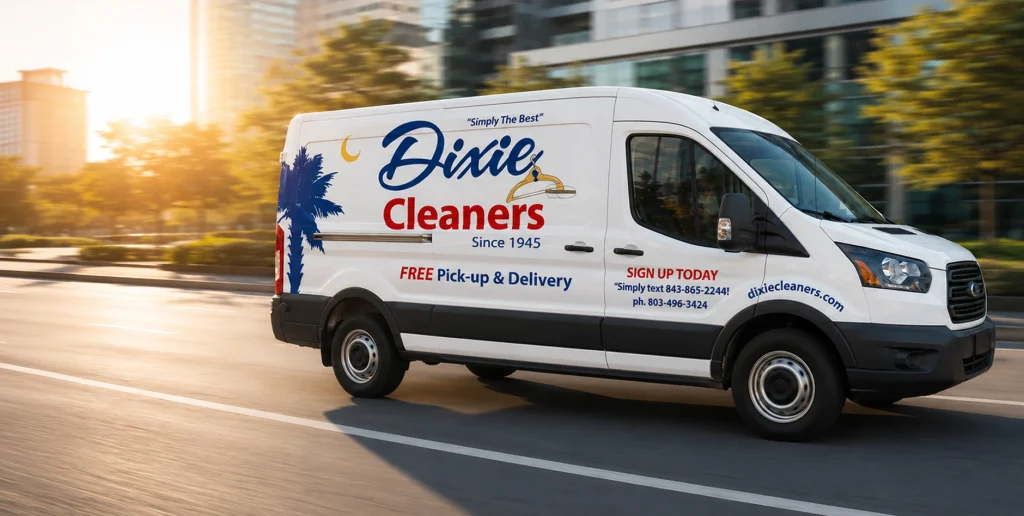 A Dixie Cleaners delivery van drives down a city street. The van advertises free pick-up and delivery and displays contact details and the company logo.