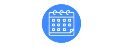 Blue circle with a white outline of a calendar displaying five rows of boxes, representing days of the month.