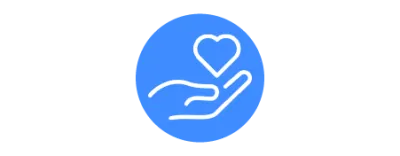 A blue circle with a white outline of an open hand holding a heart above the palm.