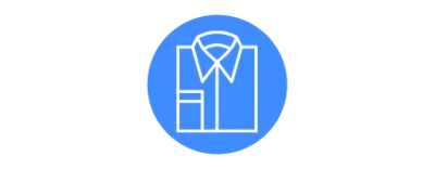 White outline of a folded dress shirt and pocket on a blue circle background.