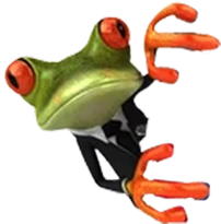 A cartoon frog with bright orange eyes and feet is wearing a black suit and tie, holding its hands up as if waving or greeting.