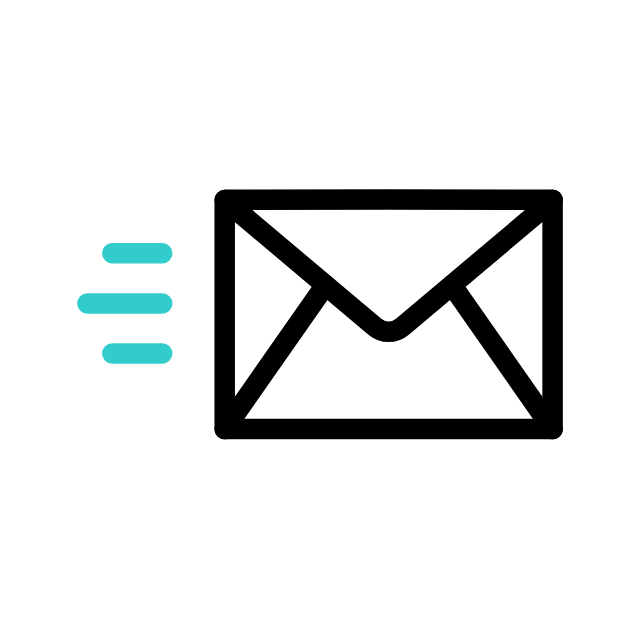Simple illustration of an envelope with three blue lines on the left, indicating the envelope is being sent or delivered.