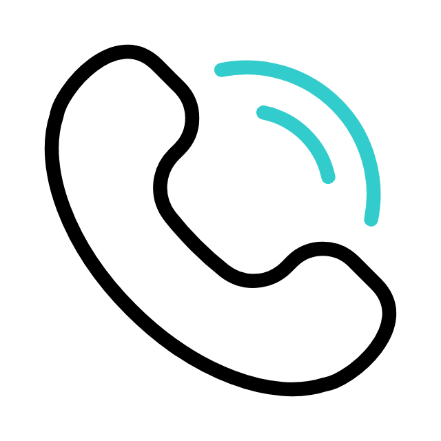 Black outline of a phone receiver with blue curved lines indicating an incoming or active call, on a white background.